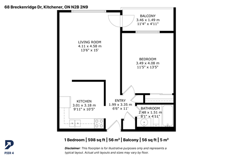 Floor plan for 1 bed, 1 bath, 598 sqft